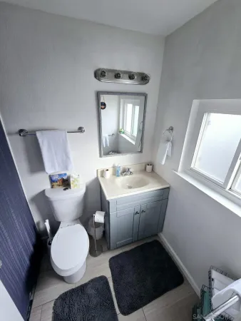 a bathroom with a sink toilet and mirror