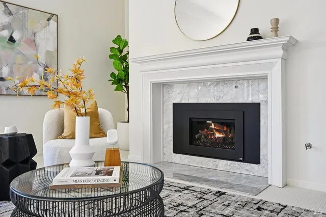 a living room with furniture a fireplace and a potted plant