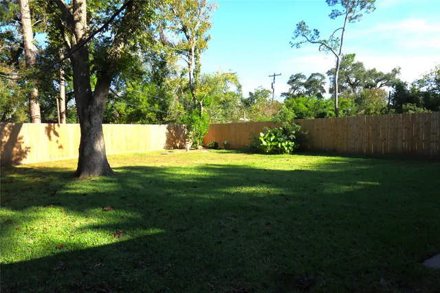 a view of a backyard with large trees