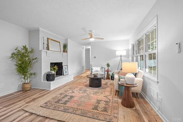 a living room with furniture and a fireplace