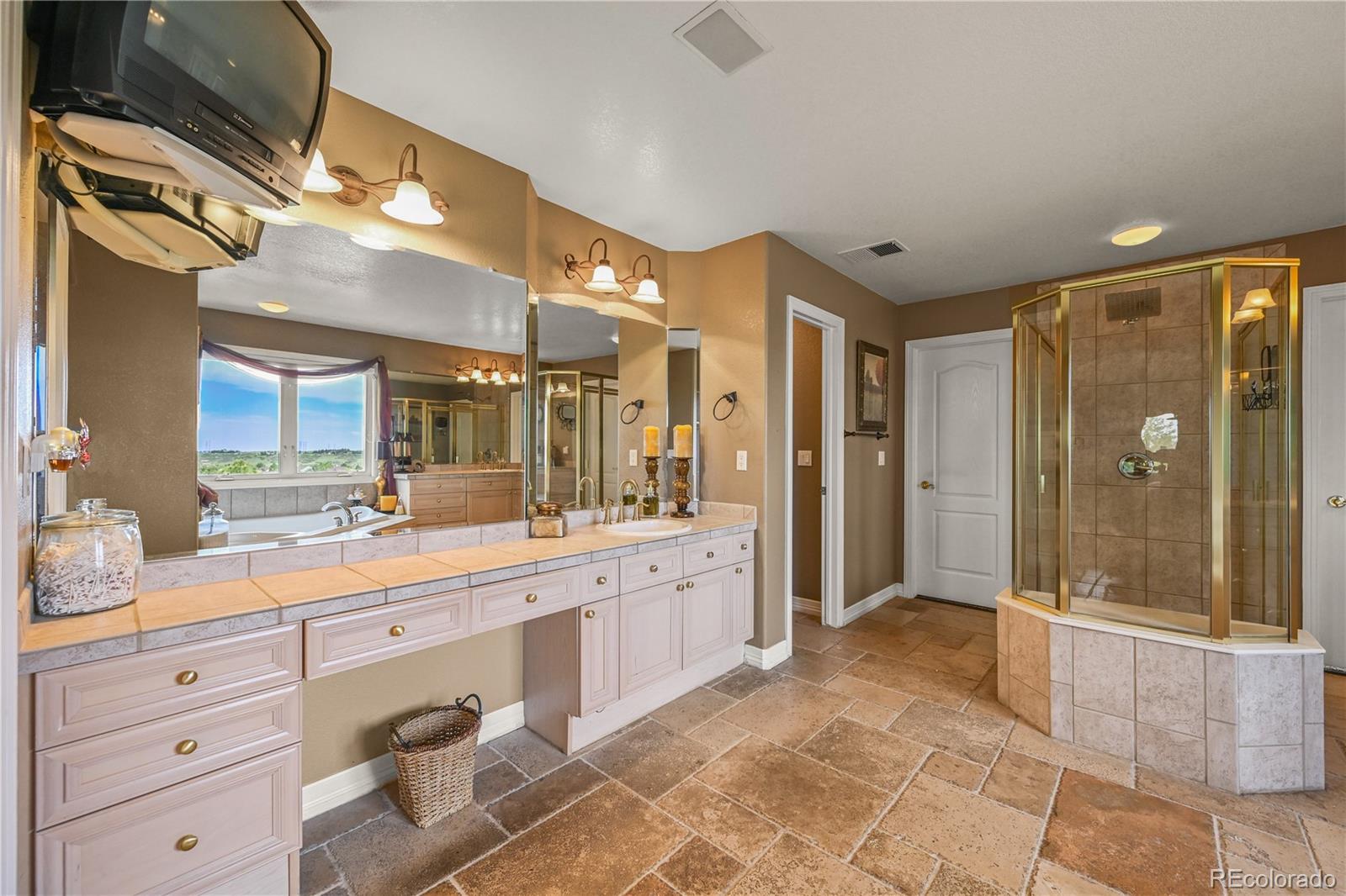 8518 High Ridge Court Castle Pines, CO 80108 - Photo 18 of 29 a large bathroom with a glass door shower and sink
