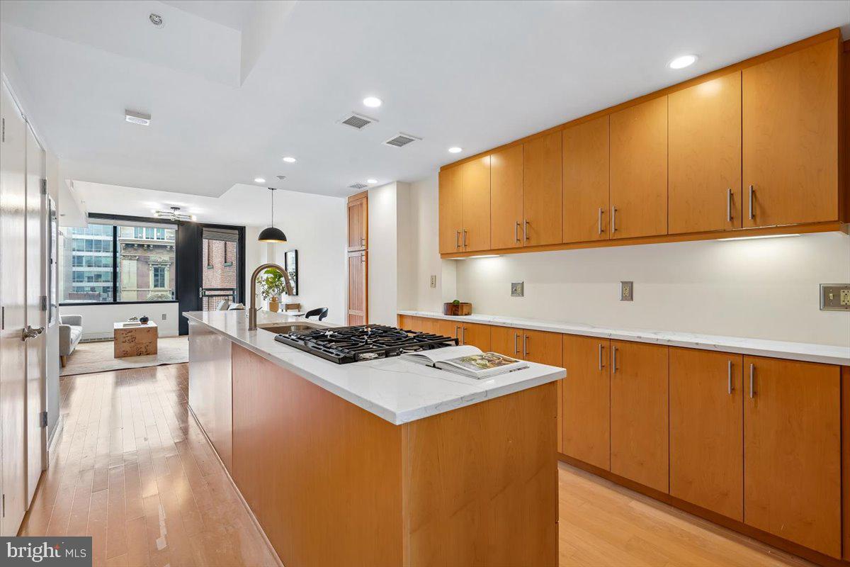 912 F Street Northwest, Unit 709 Washington, DC 20004 - Photo 7 of 28 a kitchen with stainless steel appliances a stove a sink cabinets and a counter top space