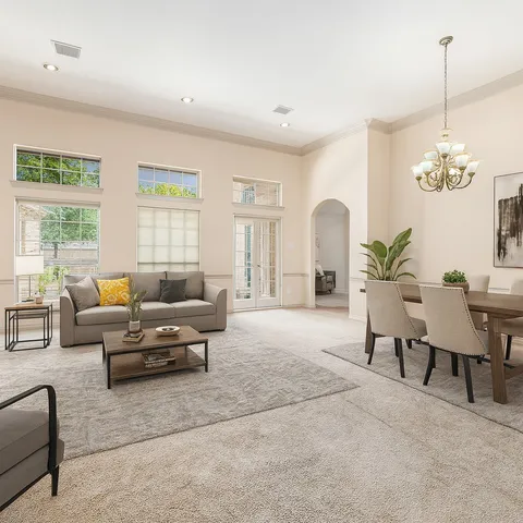 a living room with furniture a chandelier and a fireplace