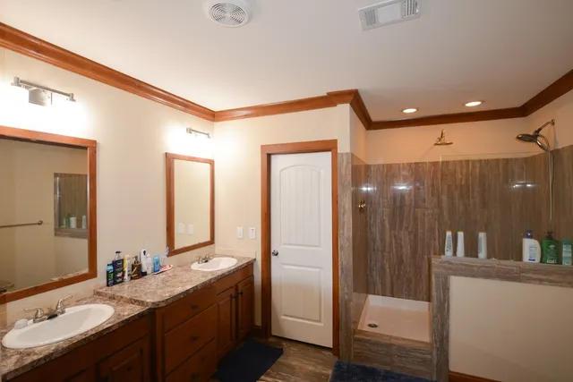 a bathroom with a double vanity sink mirror and shower