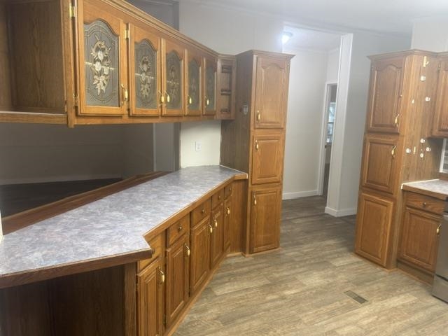 1100 Pine Top Road Toone, TN 38381 - Photo 8 of 40 Kitchen featuring wood-finish cabinetry, patterned glass inserts, light-toned countertops, and wood-look plank flooring