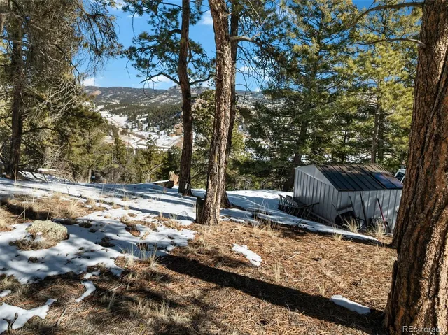 a view of a yard with snow on the road