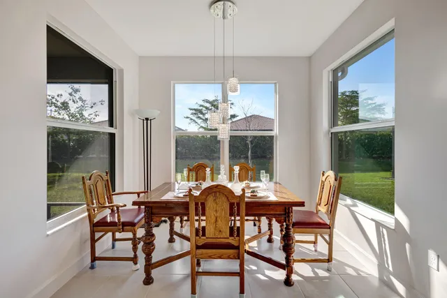 a view of a dining room with furniture window and outside view