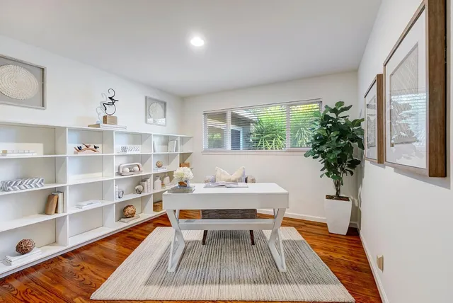 a workspace with wooden floor and a potted plant