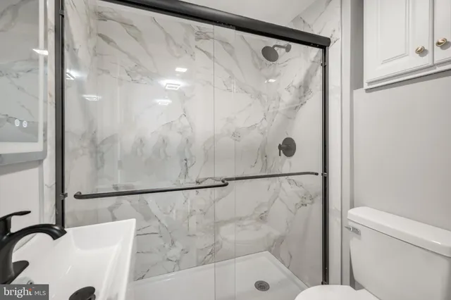 a bathroom with a shower and a toilet