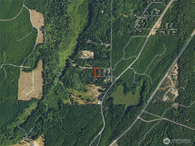 a view of a park with large trees