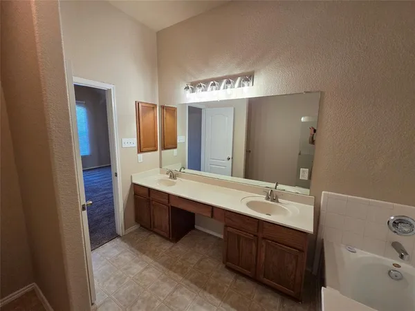 a bathroom with a tub sink and mirror