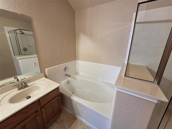 a bathroom with a tub sink a mirror and vanity