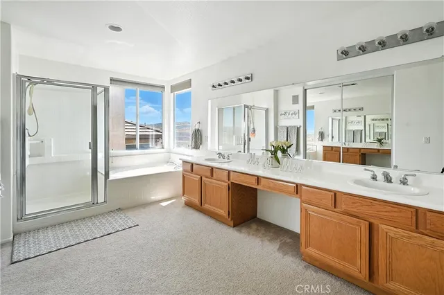 a large bathroom with a double vanity sink a large mirror and a bathtub
