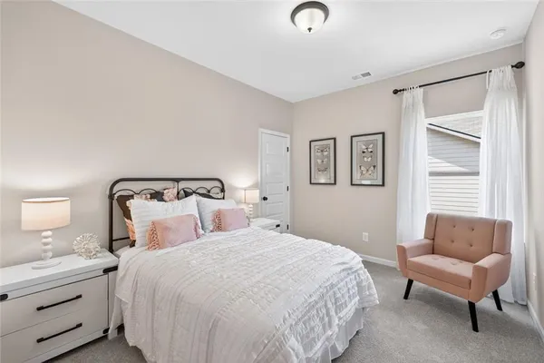 a bedroom with a bed a chandelier and a couch