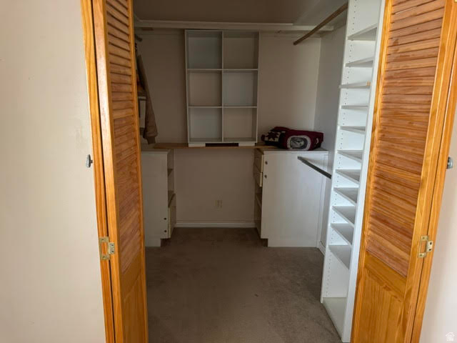 1124 Washam Road Green River, WY 82938 - Photo 26 of 35 Louvered bi-fold closet doors open to a carpeted walk-in closet featuring built-in shelving, cubbies, and a clothes rod