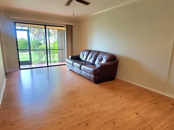 a living room with a large window