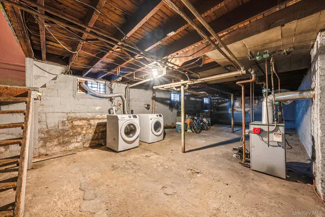 a view of a garage with red white wall