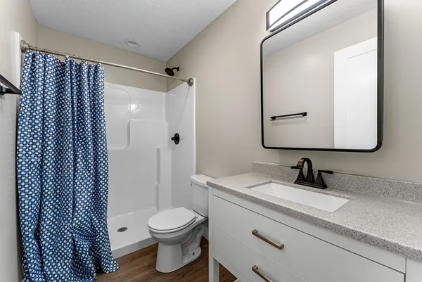 a bathroom with a sink a toilet and shower