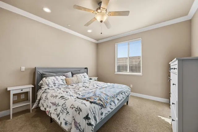 a bedroom with a large bed and a chandelier