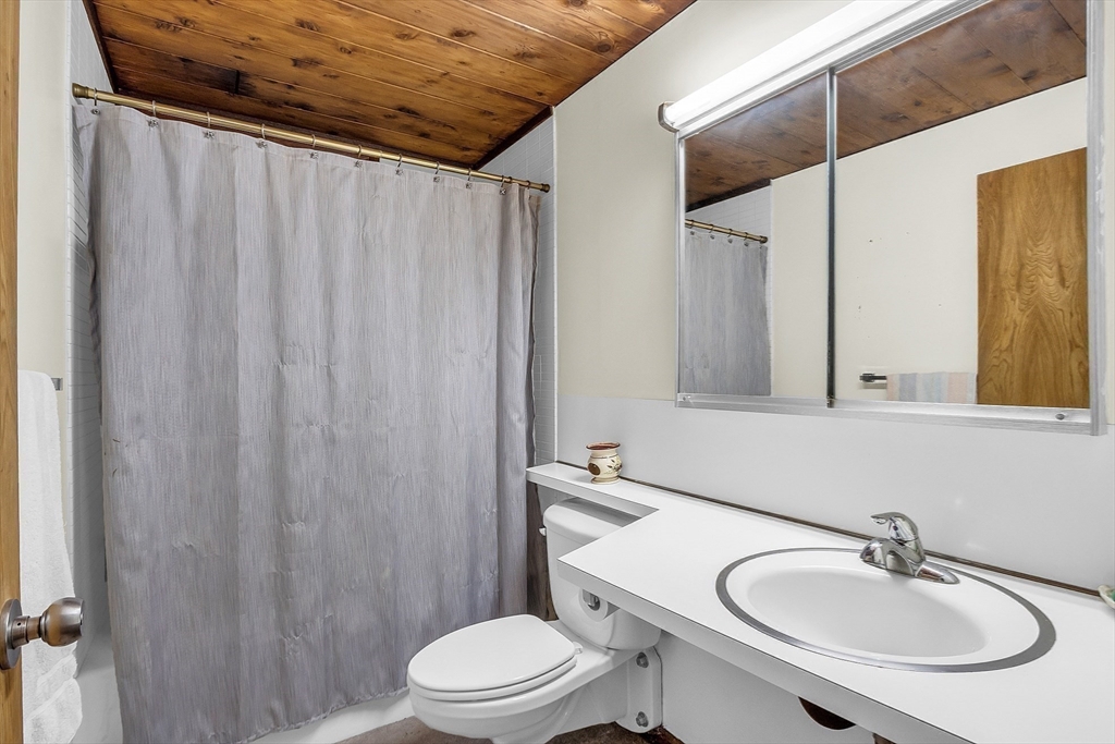 191 Heald Road Carlisle, MA 01741 - Photo 23 of 32 a bathroom with a sink a toilet a mirror and shower curtain