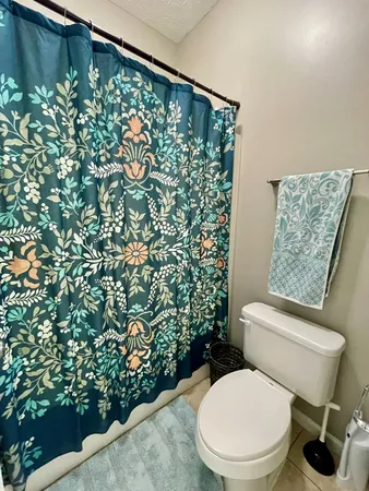 a white toilet sitting next to a shower curtain