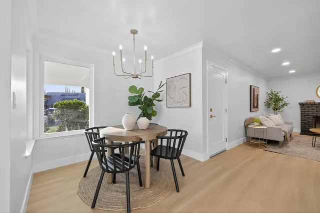 a view of a dining room with furniture