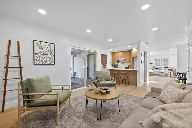 a living room with furniture and a potted plant