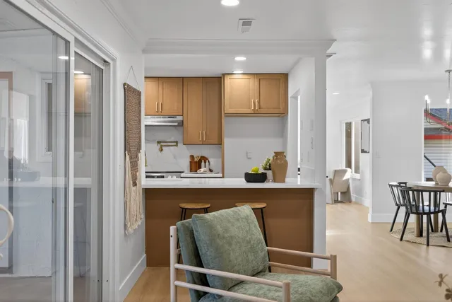 a kitchen with a sink and a potted plant