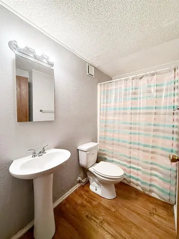 a bathroom with a sink toilet and shower