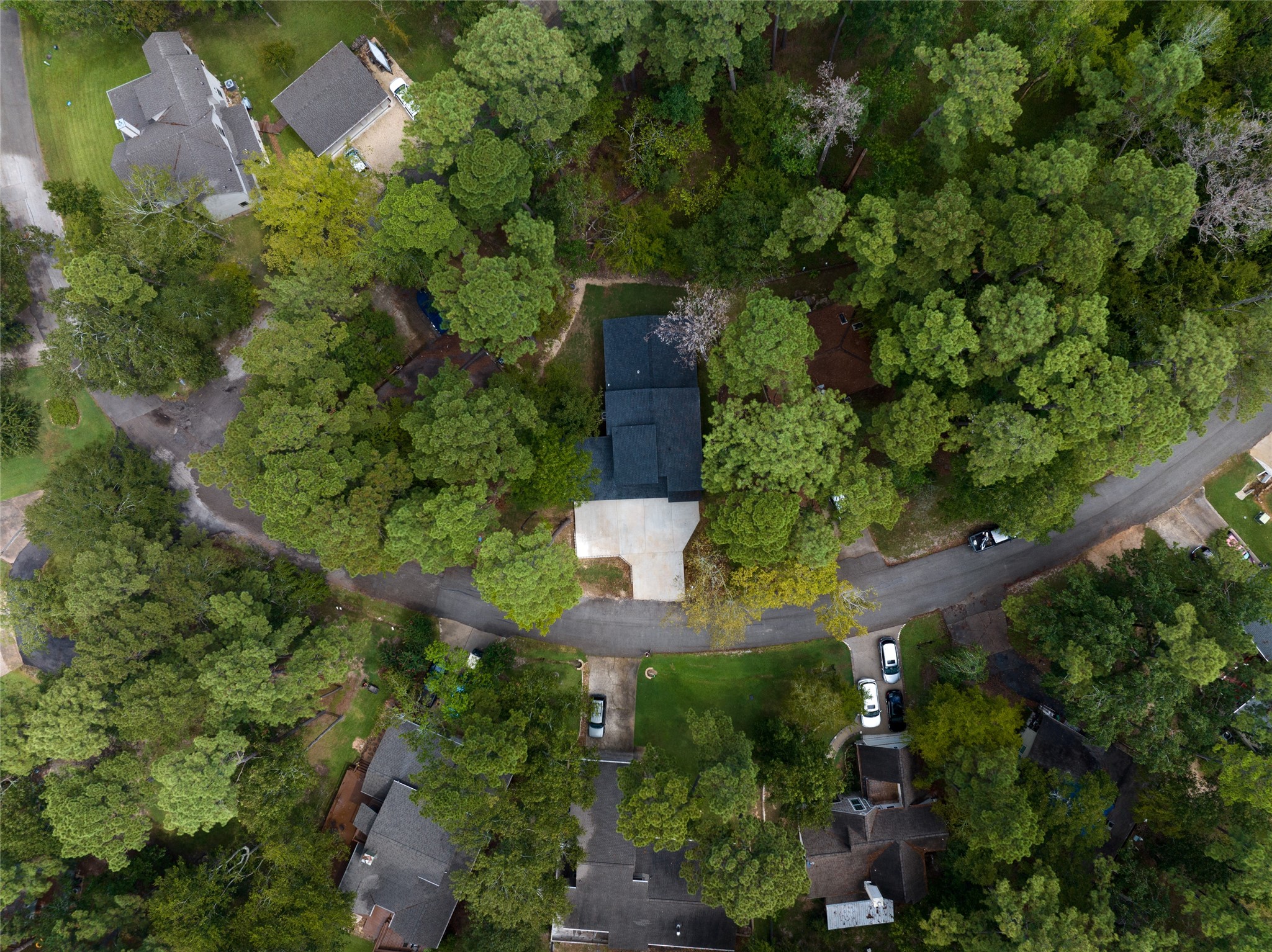 220 North Fairway Loop Coldspring, TX 77331 - Photo 19 of 23 This aerial view highlights a peaceful lakeside community nestled within a lush, forested area. The waterfront properties, complete with private docks, offer a tranquil and private living environment with direct access to the water, making it the perfect place to call home.