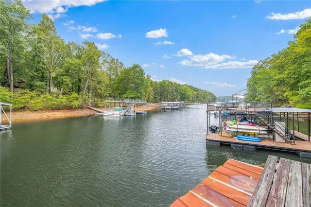 a view of a lake with boats and trees in the background