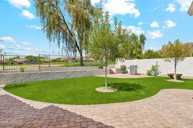 a view of a garden with a slide