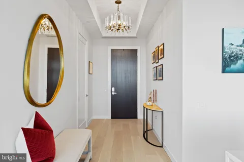 a view of a hallway with painted walls