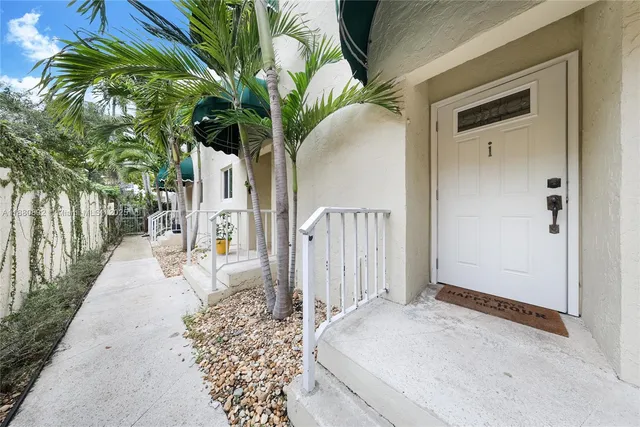 a potted plant in front of a door