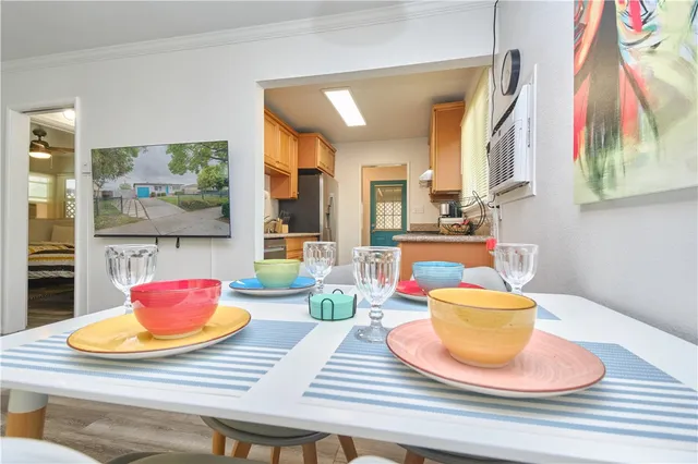 a view of a dining room with furniture