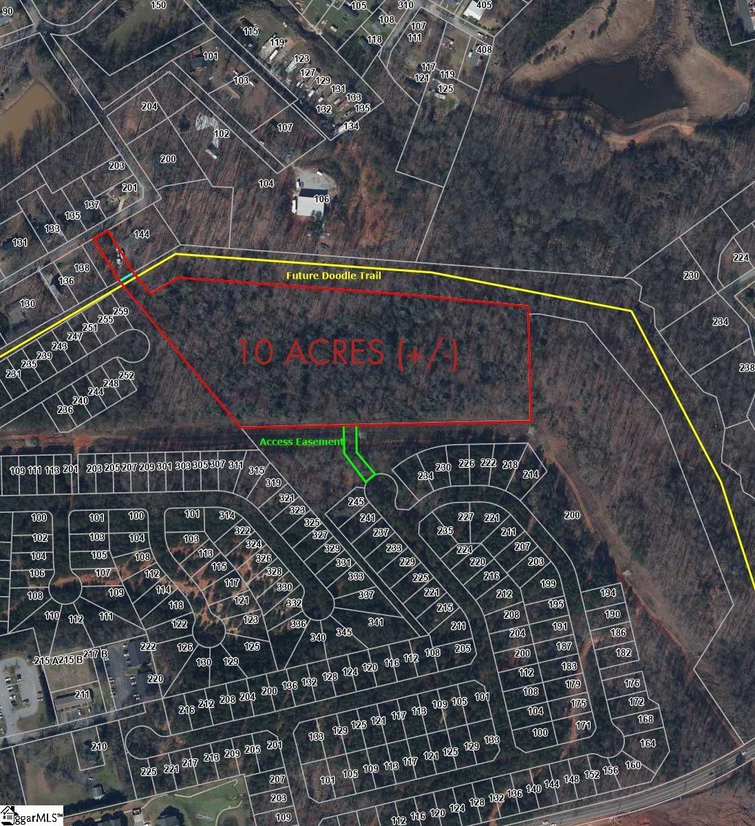 This shows the approximate property outline in red, with Doodle Trail in yellow, and the easement access in green. All markings in photo are approximate.
