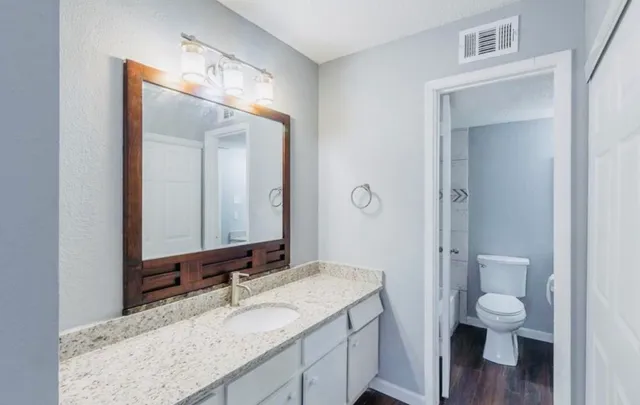 a bathroom with a granite countertop sink a toilet and a mirror