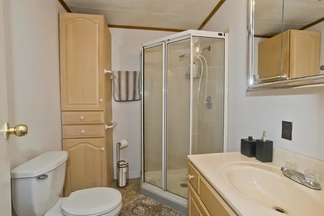 a bathroom with a sink a toilet and shower