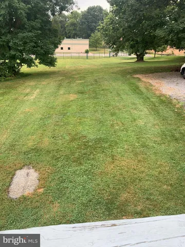 a view of swimming pool with lawn chairs and large trees