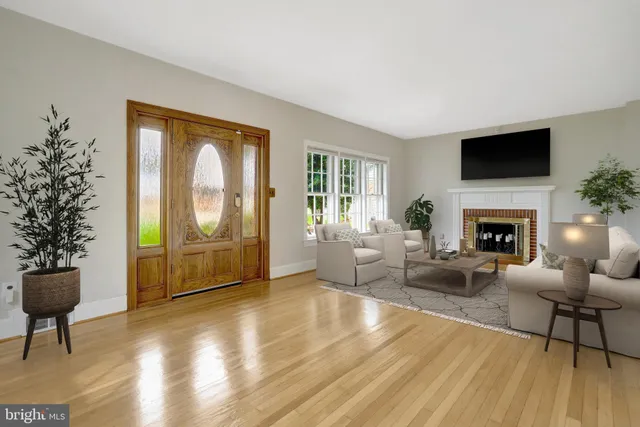 a living room with furniture a fireplace and a potted plant