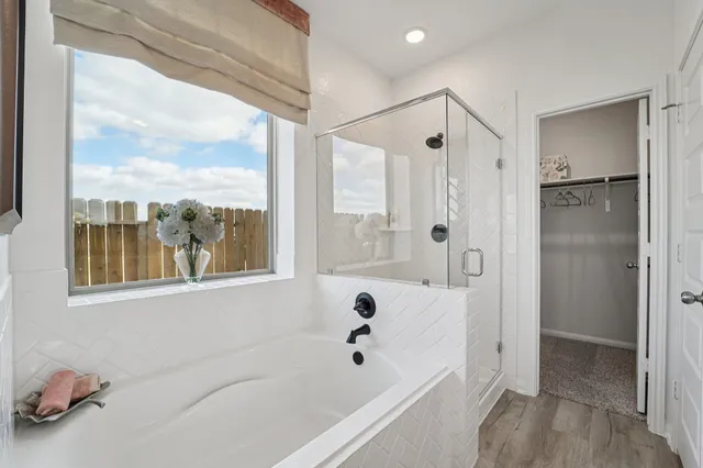 a bathroom with a bathtub and a shower