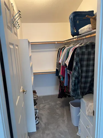 a view of walk in closet with clothes and shoes