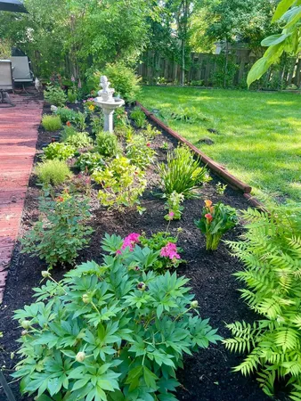 a view of a garden with a fountain