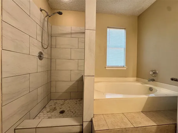 a bathroom with a bathtub and shower
