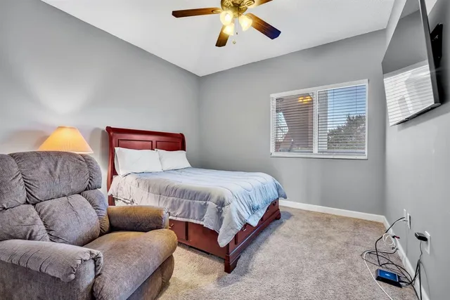 a bedroom with a bed couch and window