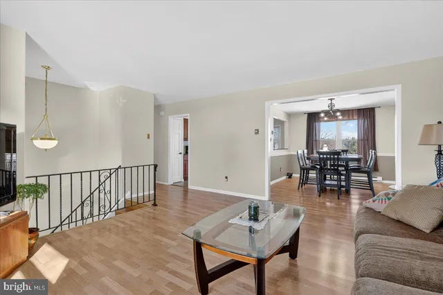 a view of a dining room and livingroom with furniture wooden floor a rug a painting and a chandelier