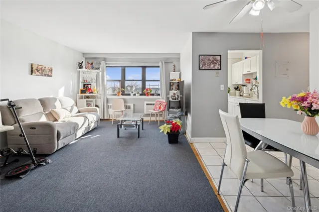 a living room with furniture and a book shelf