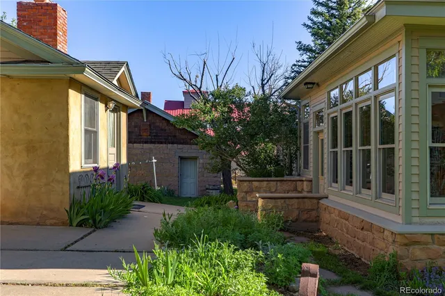 a view of a house with a small yard plants and large tree