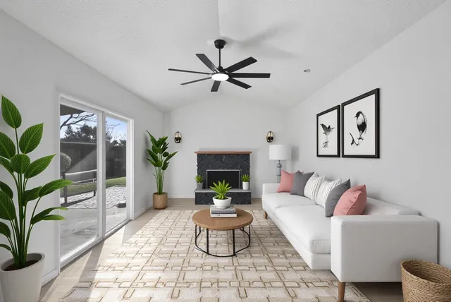 a living room with furniture potted plant and a fireplace