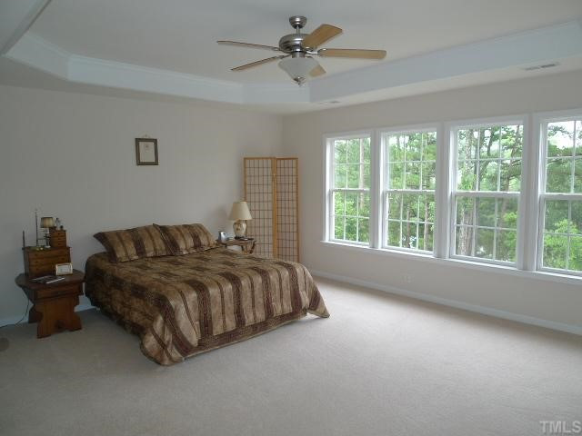 Expansive Master retreat features trey ceiling, ceiling fan and panoramic-like view of serene wooded views. Master Suite